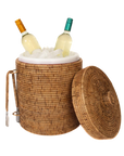 Wicker ice bucket with two bottles of wine on a white background