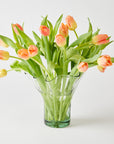 Clear glass vase with peach-colored tulips on a white background