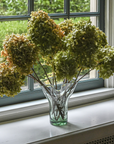 A clear glass vase with a fern leaf motif, containing stems and placed on a windowsill with hydrangea flowers in the background.