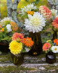 Colorful flower arrangement in small vases on a rustic wooden surface with a natural background.