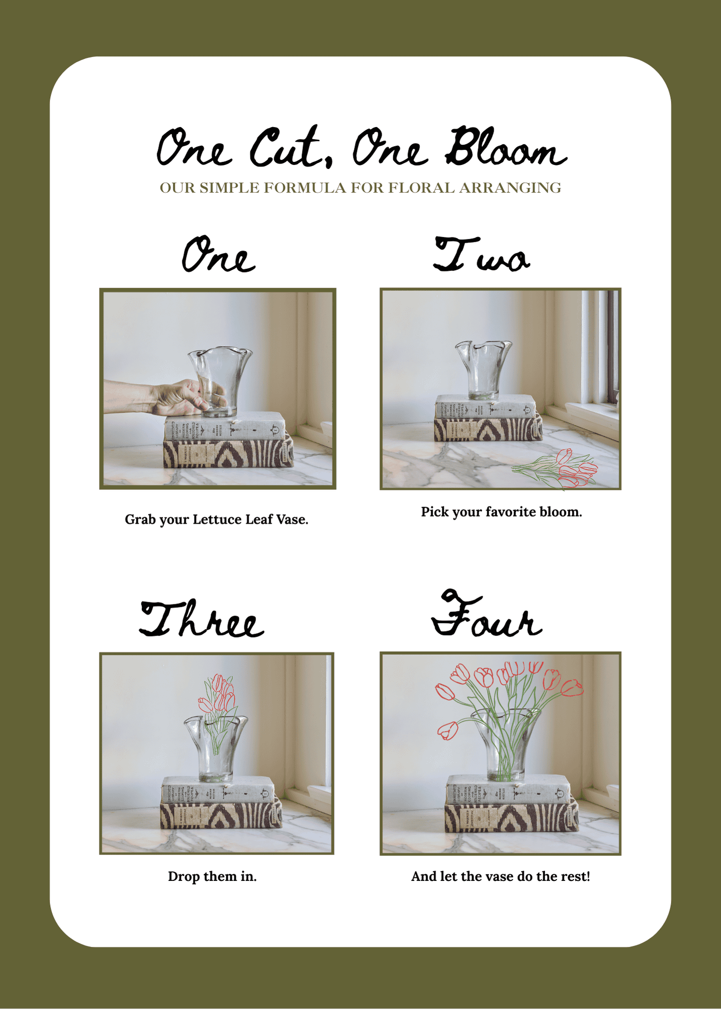 Instructions for floral arranging with a vase and flowers on a green background