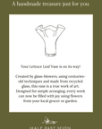 Advertisement for a Lettuce Leaf Vase with text about its creation and features, featuring the brand 'Half Past Seven'.