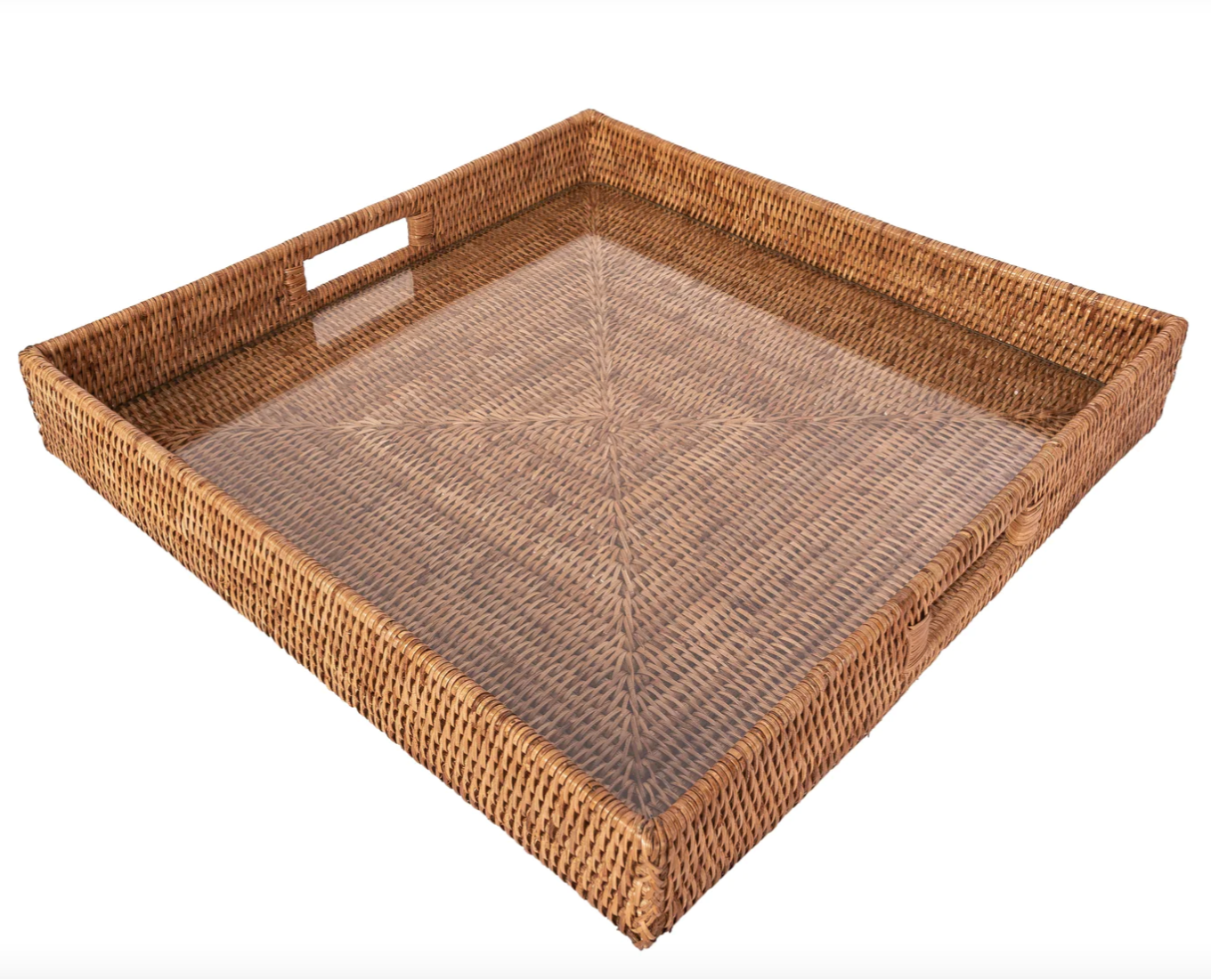 Square Rattan Tray with Glass Insert