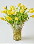Pink glass vase with yellow tulips on a white background