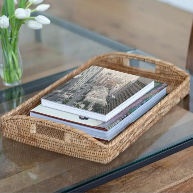 21 inch Rectangular Rattan Serving Tray with Glass Insert