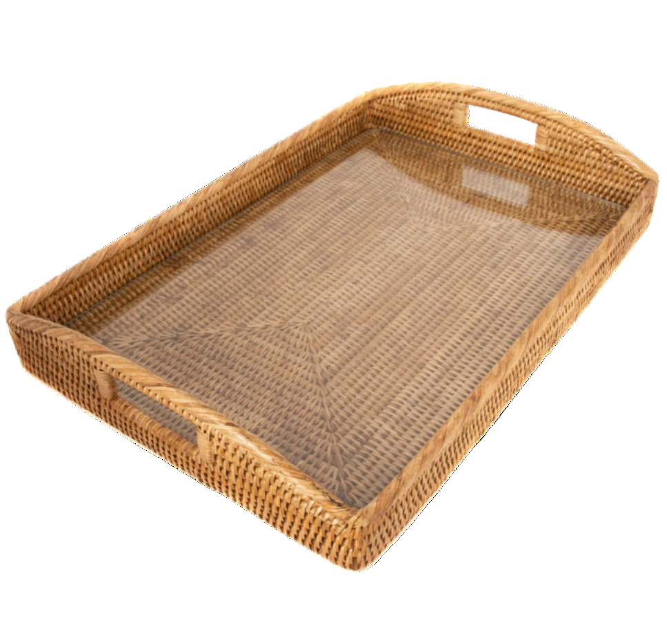 21 inch Rectangular Rattan Serving Tray with Glass Insert