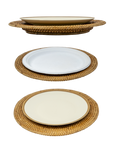 Three woven placemats with ceramic plates on a white background