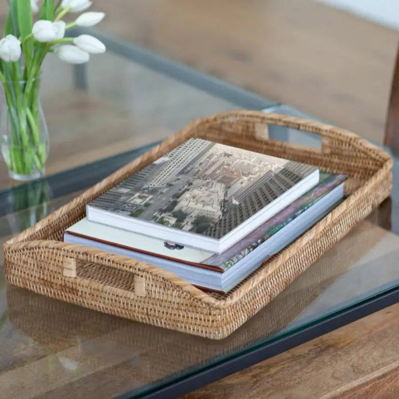 21 inch Rectangular Rattan Serving Tray with Glass Insert