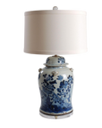 Decorative lamp with blue floral patterns on a white background