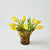 Brown colored spotted vase with yellow tulips on a white background