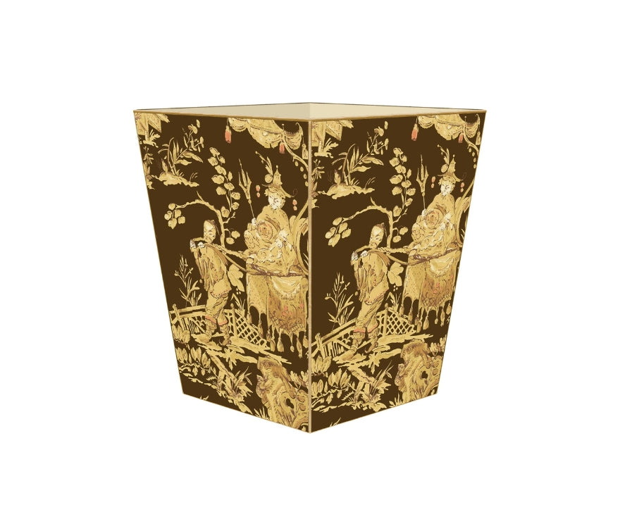 Brown and Gold Asian Toile Wastepaper Basket Flat Top