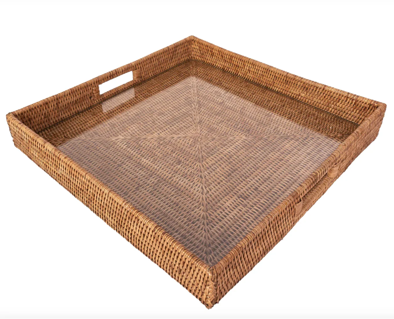 Square Rattan Tray with Glass Insert 18&quot; x 18&quot; x 3&quot;