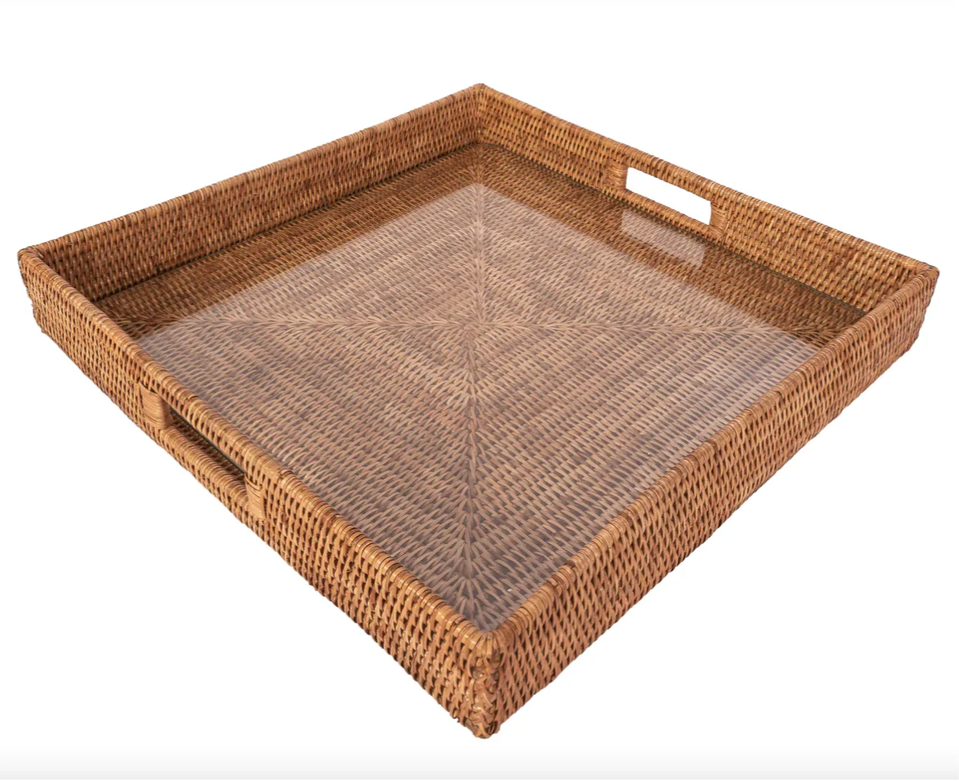 Square Rattan Tray with Glass Insert 18&quot; x 18&quot; x 3&quot;