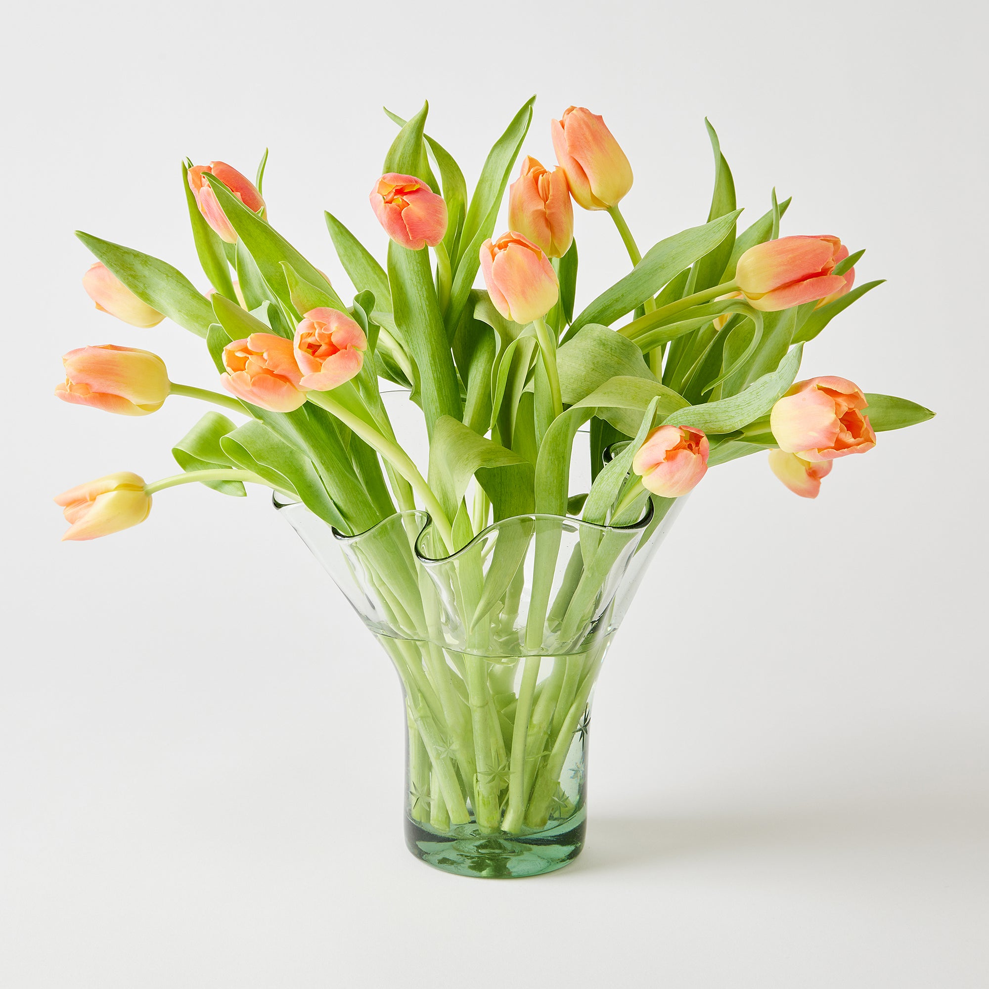 Clear glass vase with peach-colored tulips on a white background