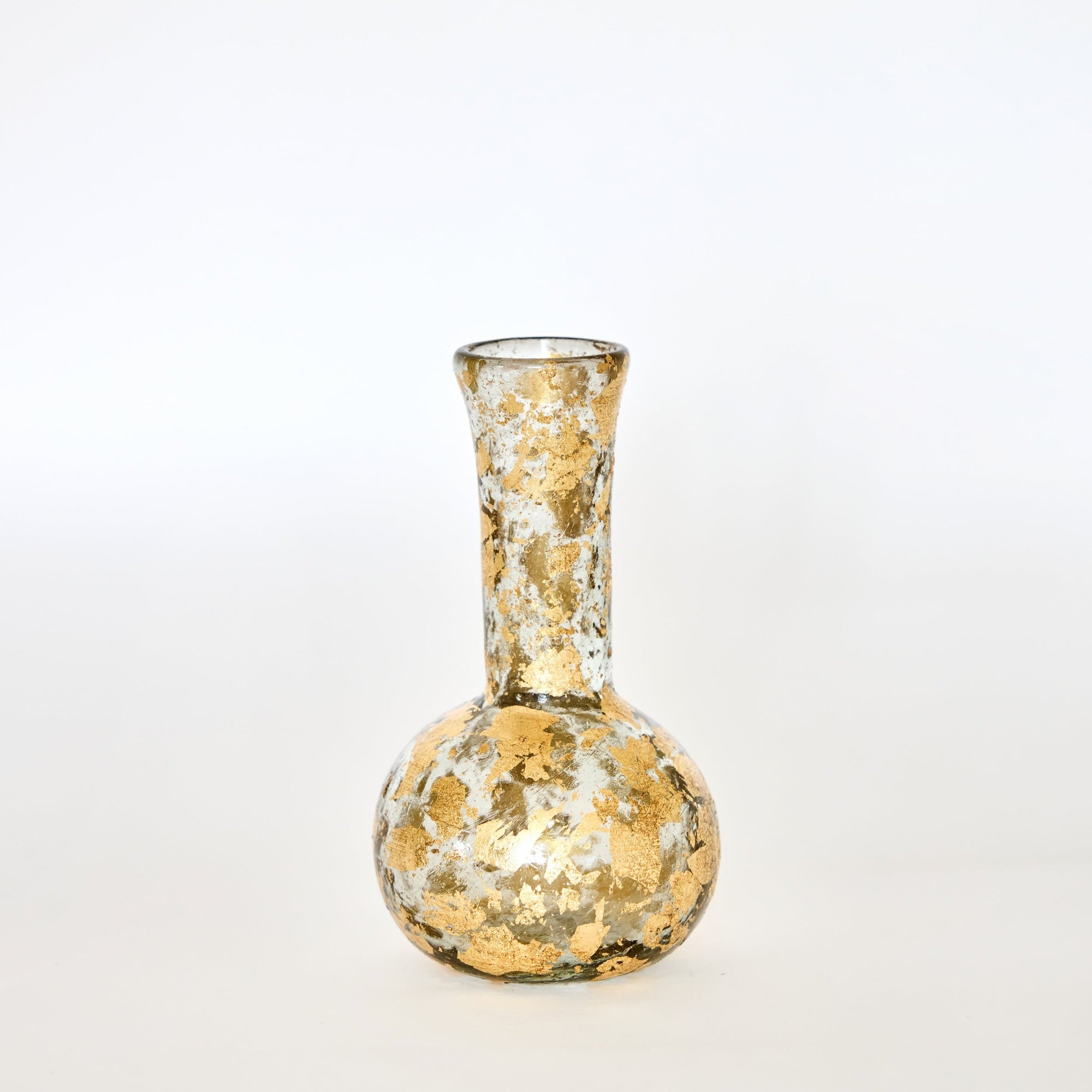 A hand-blown glass vase with 14k gold leaf pattern, featuring a narrow neck and a round body.