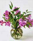 Olive colored glass vase with pink flowers on a white background