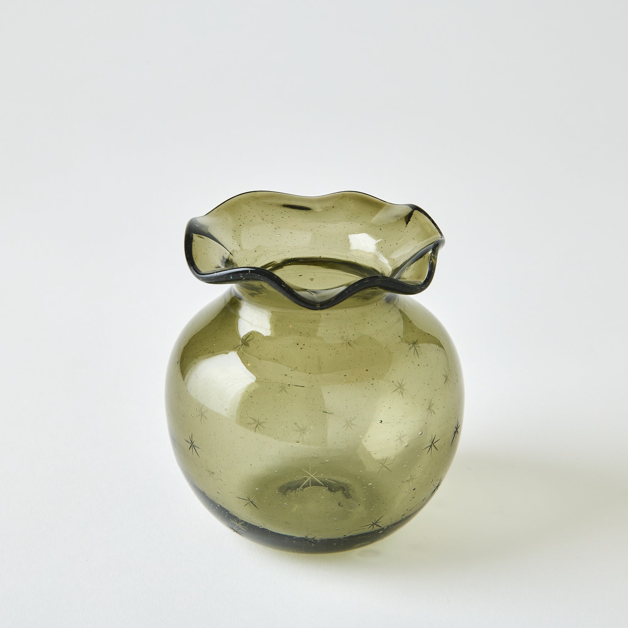 Close-up of the Starry Night Pomegranate Vase (Smokey Olive) against a neutral backdrop, focused on texture and detail.