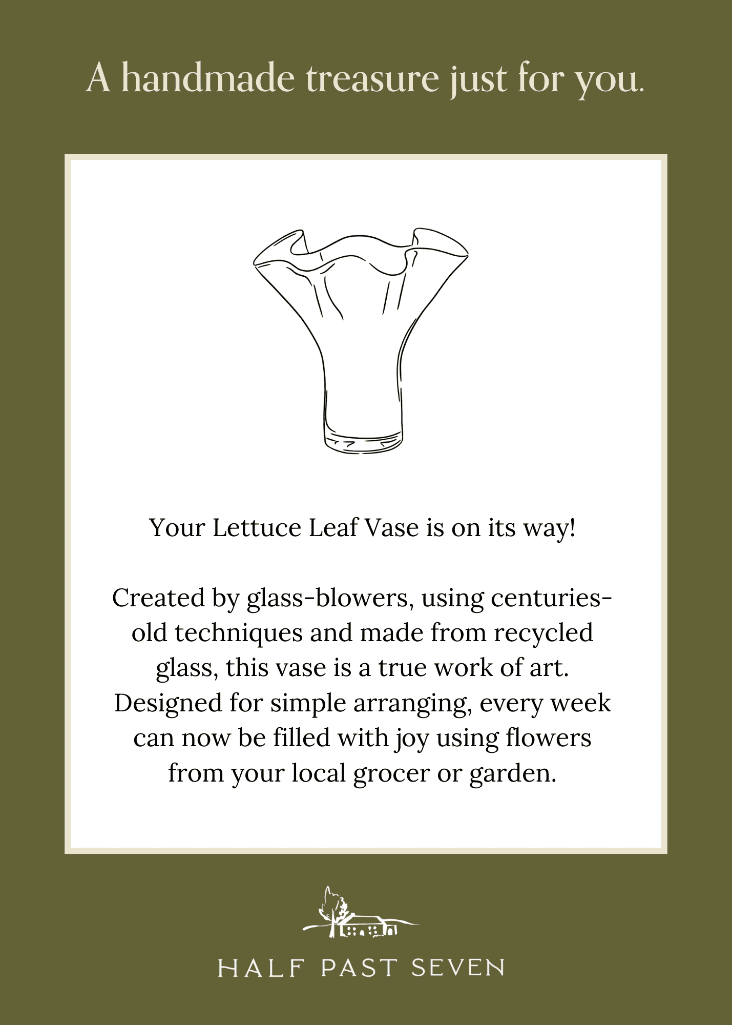 Advertisement for a Lettuce Leaf Vase with text about its creation and features, featuring the brand 'Half Past Seven'.