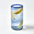 Clear glass with blue rim containing lemon slices and ice cubes on a white background
