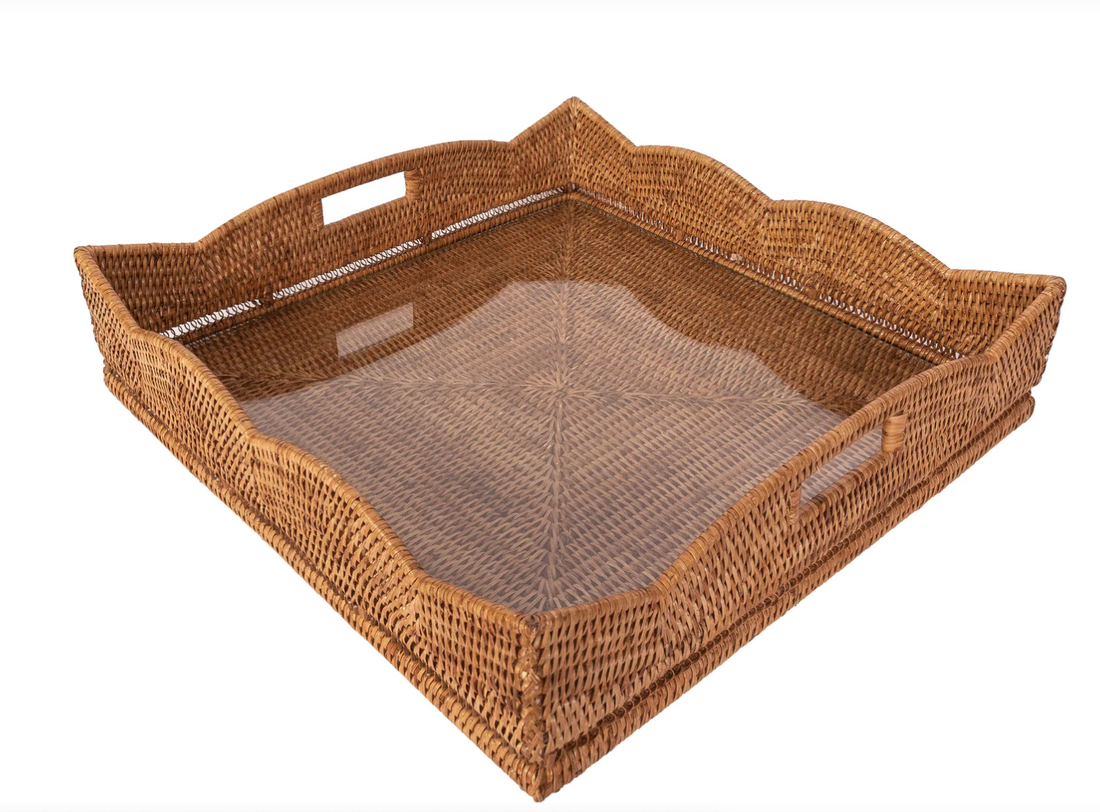 20” Square Scalloped Rattan Tray