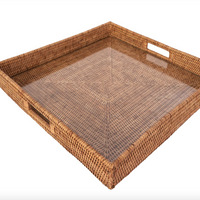 Square Rattan Tray with Glass Insert