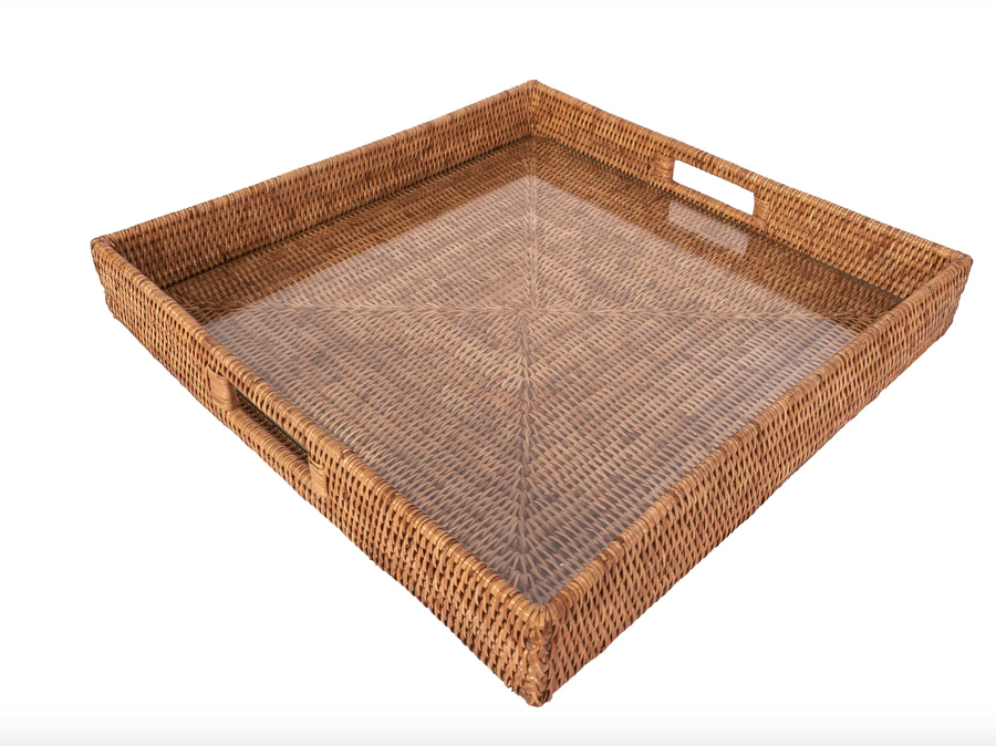 Square Rattan Tray with Glass Insert
