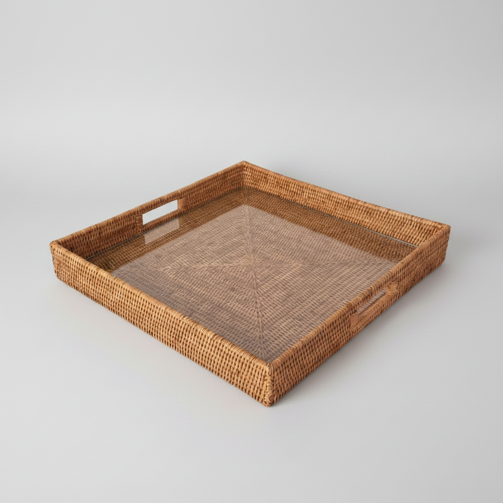 Woven rattan tray on a white background