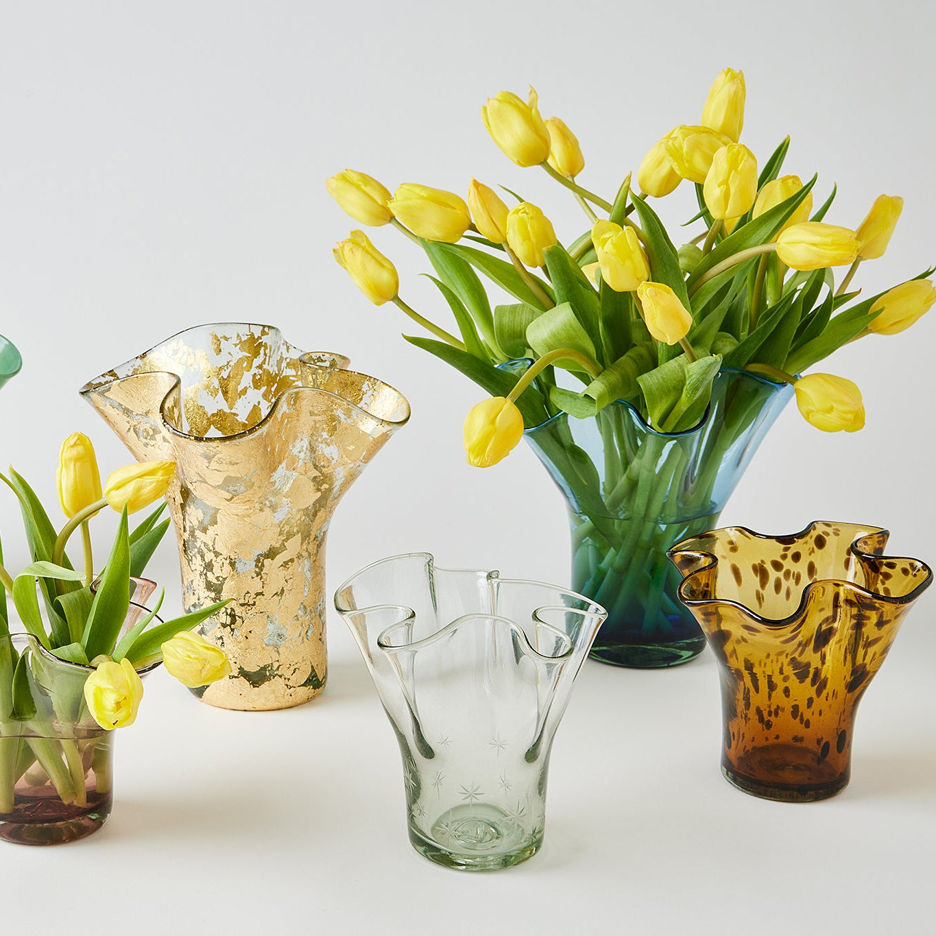 Collection of glass vases with yellow tulips on a white background