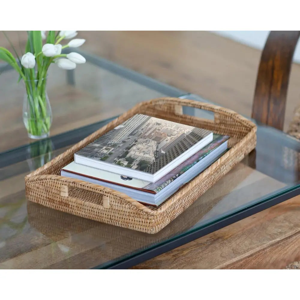 21 inch Rectangular Rattan Serving Tray with Glass Insert