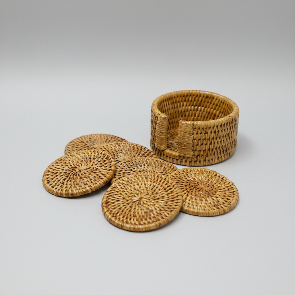 Set of woven rattan coasters and a matching basket on a white background