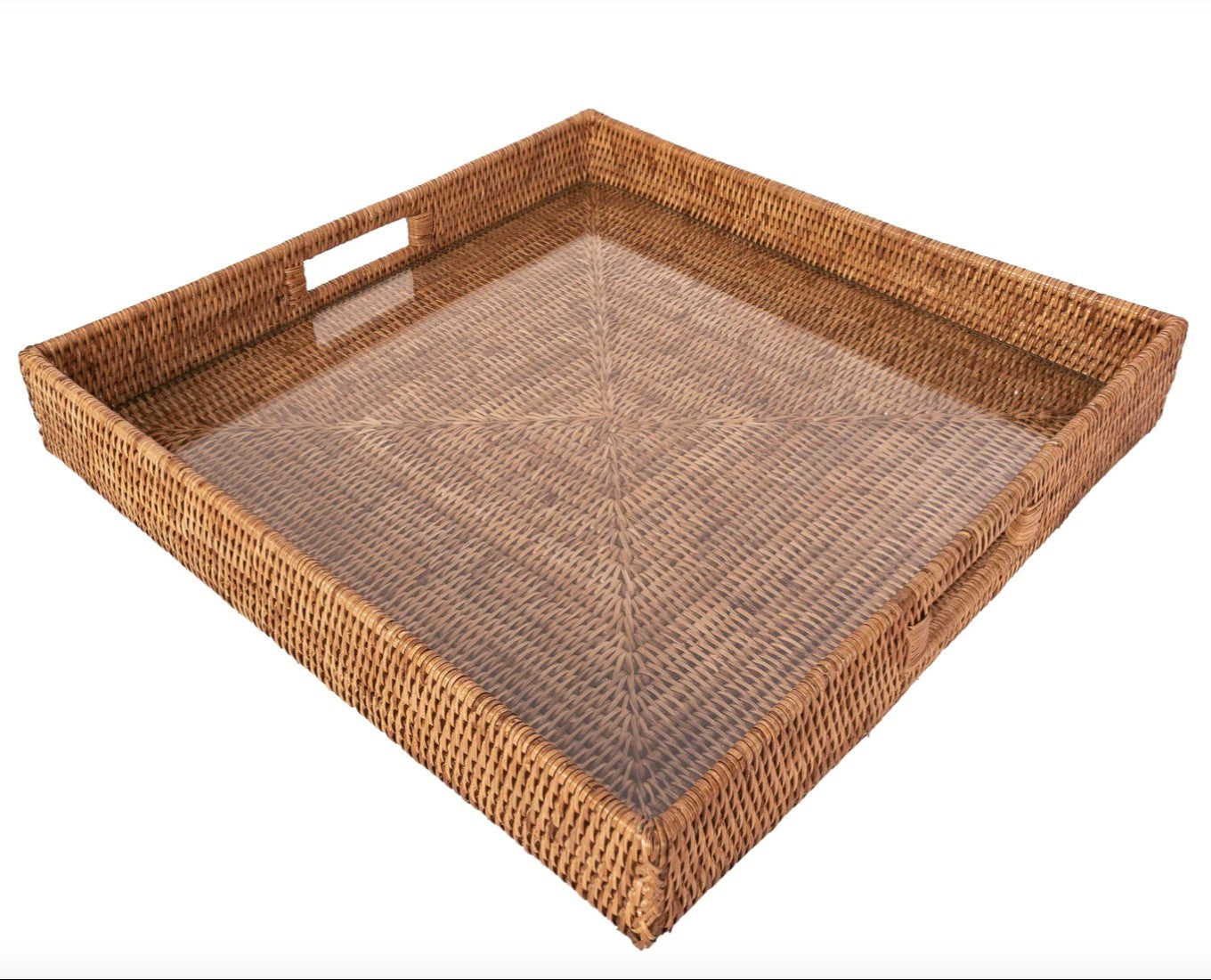 Square Rattan Tray with Glass Insert 18&quot; x 18&quot; x 3&quot;