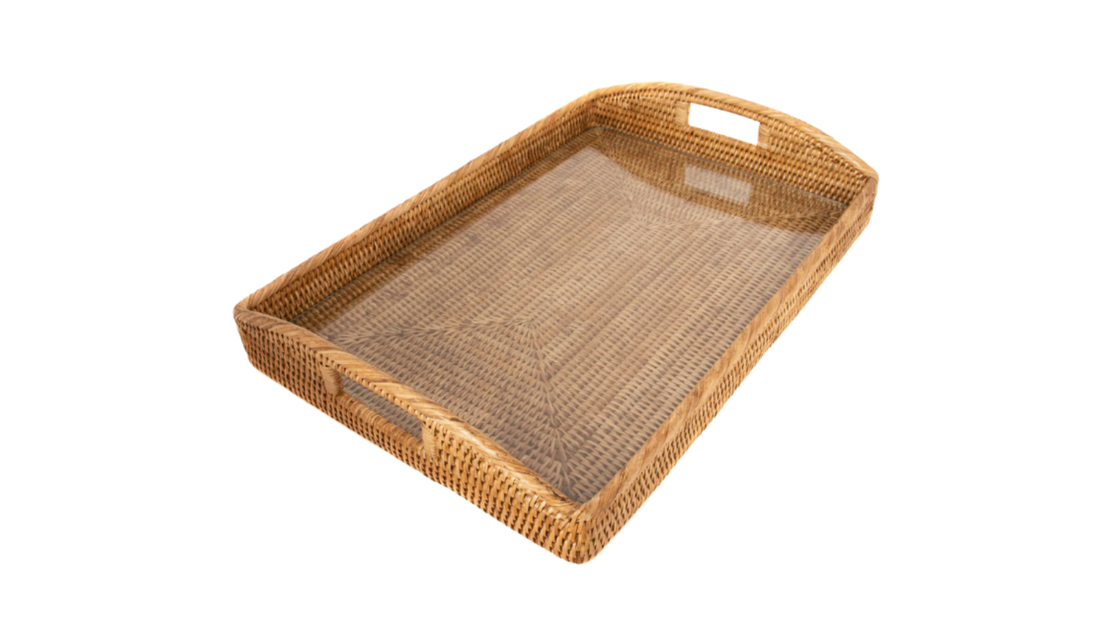 21 inch Rectangular Rattan Serving Tray with Glass Insert