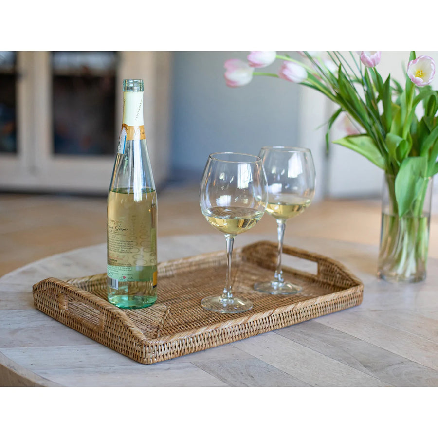 21 inch Rectangular Rattan Serving Tray with Glass Insert
